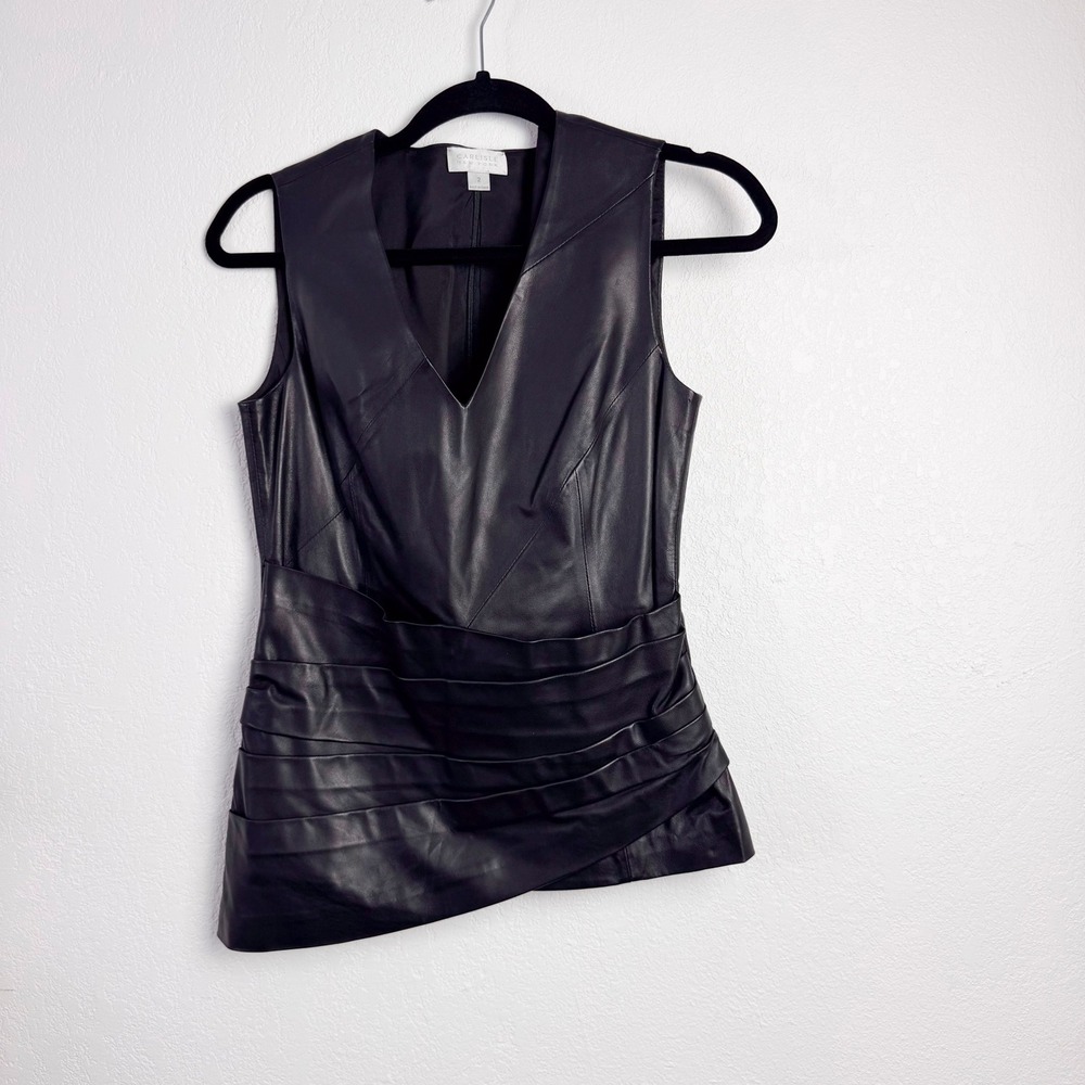 Carlisle New York Womens Black Leather V-Neck Asymmetric Tiered Sleeveless Top 2